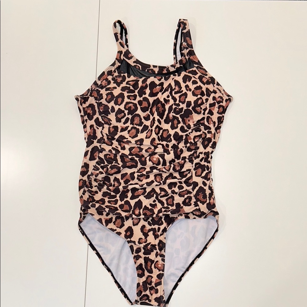 Brown, tan and cream leopard print black mesh one piece women bathing swim suit